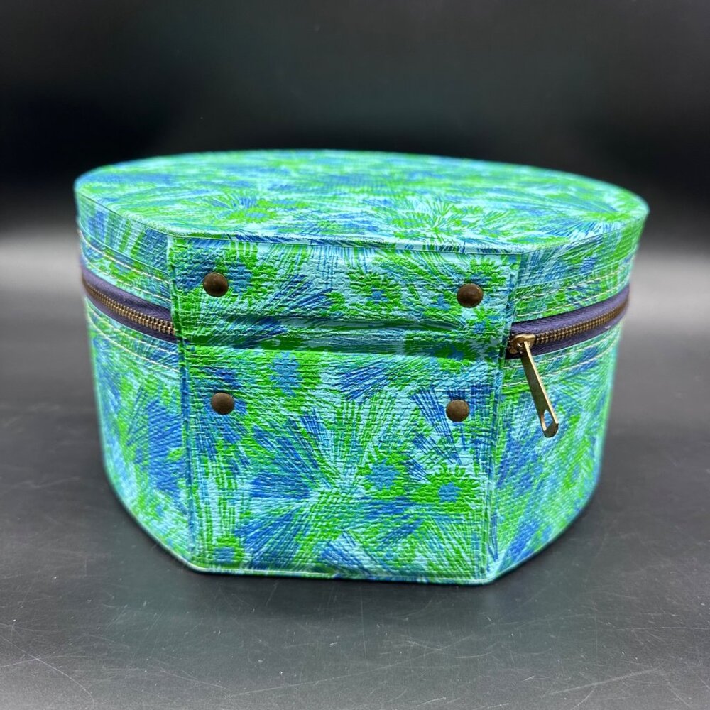 Vintage Luggage Travel Floral Train Case Floral Round Blue Green Carryon MCM - Picture 6 of 12